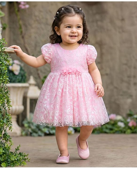 Babyhug 5 Layered Fit & Flare Soft Printed Mesh Puff Sleeves Party Frock Frock With Cotton Lining & Booties - Light Pink
