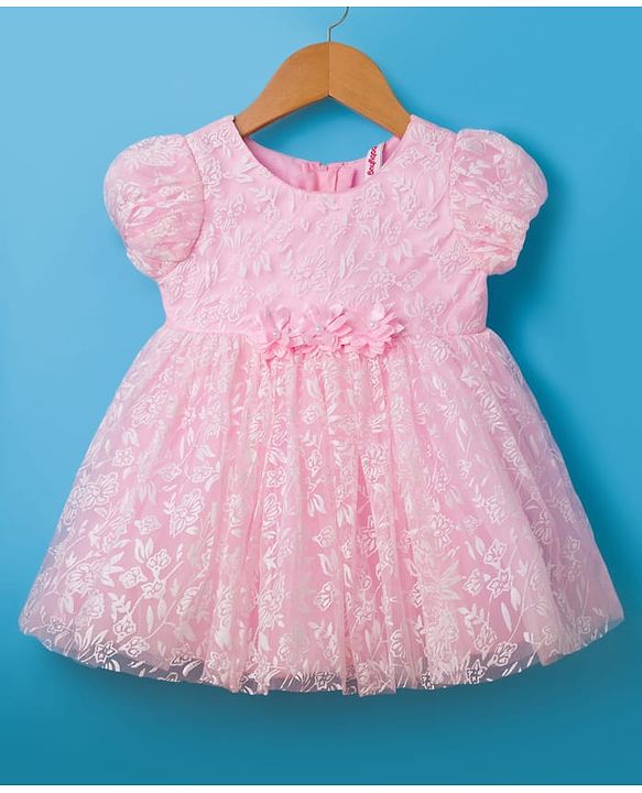 Babyhug 5 Layered Fit & Flare Soft Printed Mesh Puff Sleeves Party Frock Frock With Cotton Lining & Booties - Light Pink