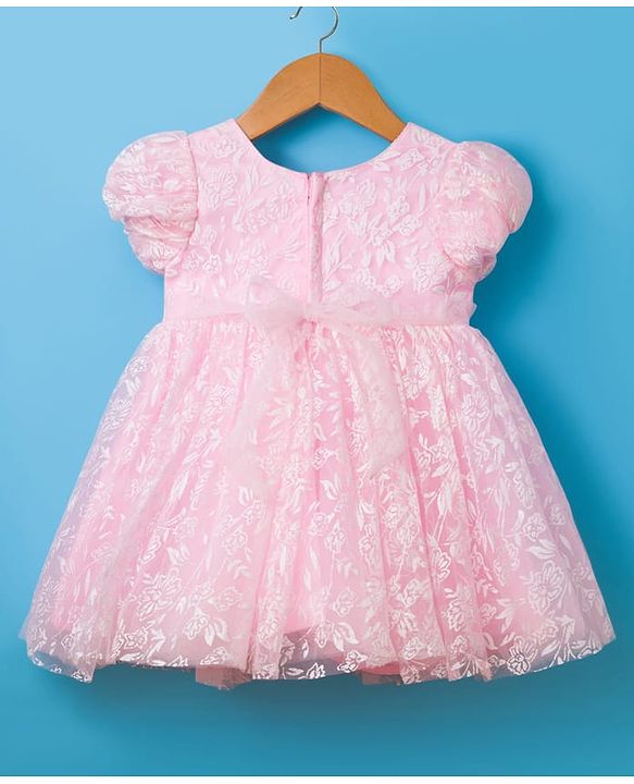 Babyhug 5 Layered Fit & Flare Soft Printed Mesh Puff Sleeves Party Frock Frock With Cotton Lining & Booties - Light Pink