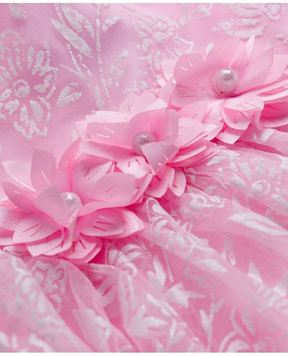 Babyhug 5 Layered Fit & Flare Soft Printed Mesh Puff Sleeves Party Frock Frock With Cotton Lining & Booties - Light Pink