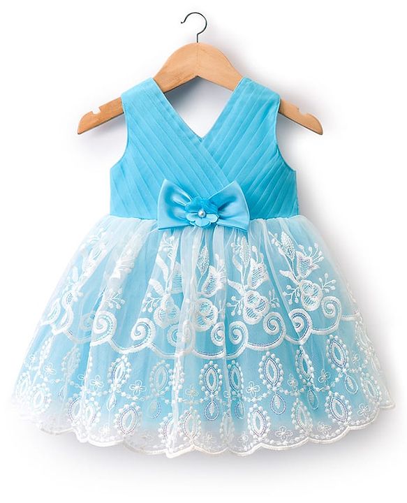 Babyhug 5 Layers With Cotton Lining Mesh Sleeveless Party Dress With Heavy Embroidery Detailing & Bow - Light Blue