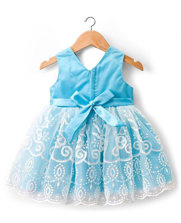 Babyhug 5 Layers With Cotton Lining Mesh Sleeveless Party Dress With Heavy Embroidery Detailing & Bow - Light Blue