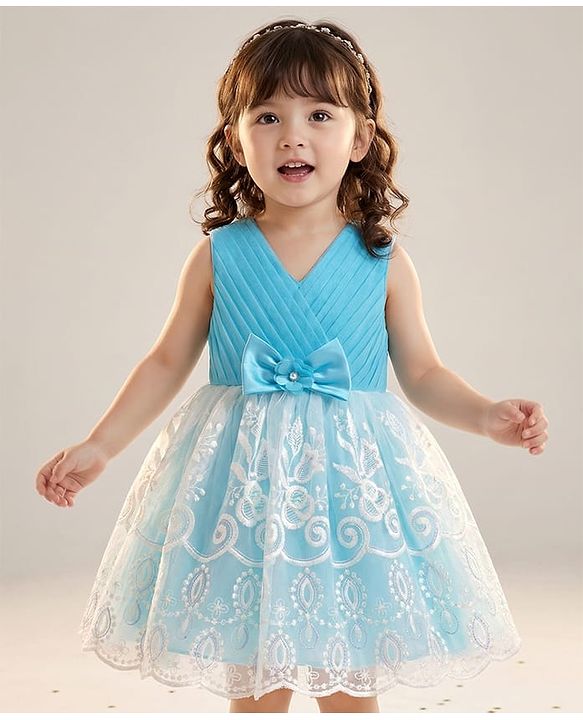 Babyhug 5 Layers With Cotton Lining Mesh Sleeveless Party Dress With Heavy Embroidery Detailing & Bow - Light Blue
