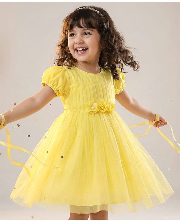 Babyhug Mesh Woven Half Puffed Sleeves Party Dress With Floral Corsage - Yellow