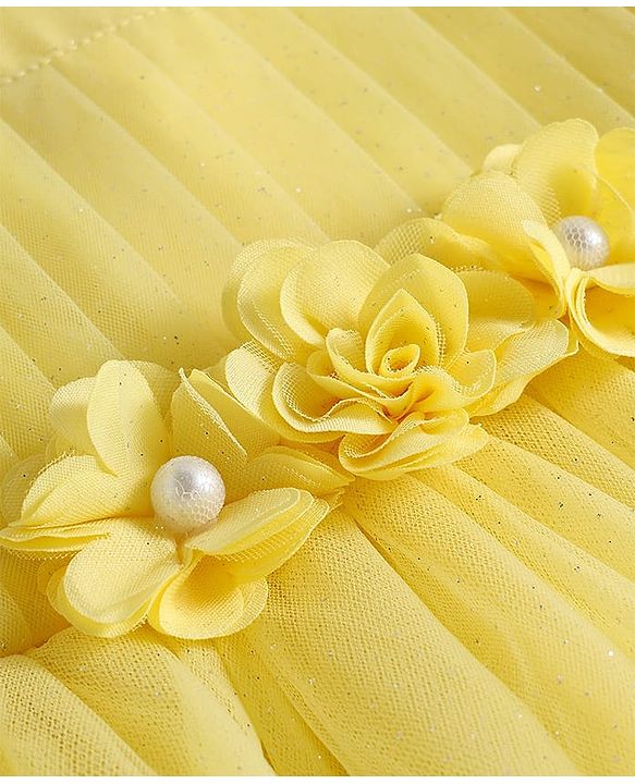 Babyhug Mesh Woven Half Puffed Sleeves Party Dress With Floral Corsage - Yellow