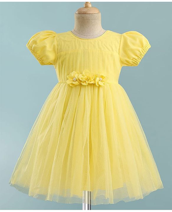 Babyhug Mesh Woven Half Puffed Sleeves Party Dress With Floral Corsage - Yellow