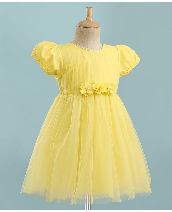 Babyhug Mesh Woven Half Puffed Sleeves Party Dress With Floral Corsage - Yellow