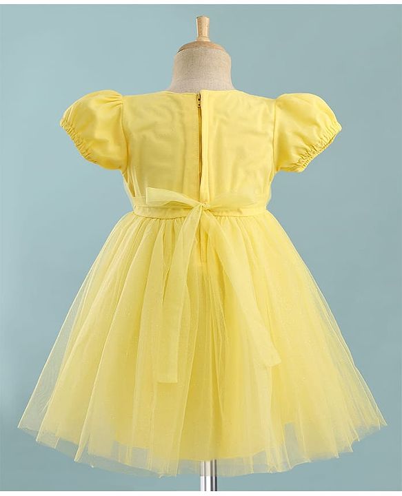 Babyhug Mesh Woven Half Puffed Sleeves Party Dress With Floral Corsage - Yellow