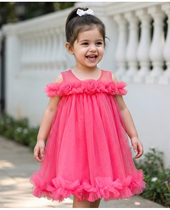 Babyhug Mesh Woven Sleeveless Party Dress With Floral Corsage - Pink