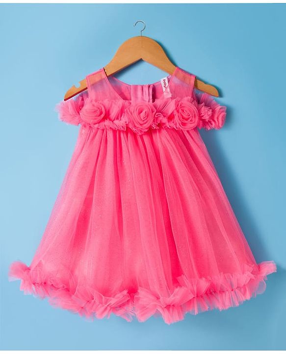 Babyhug Mesh Woven Sleeveless Party Dress With Floral Corsage - Pink