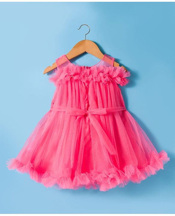 Babyhug Mesh Woven Sleeveless Party Dress With Floral Corsage - Pink