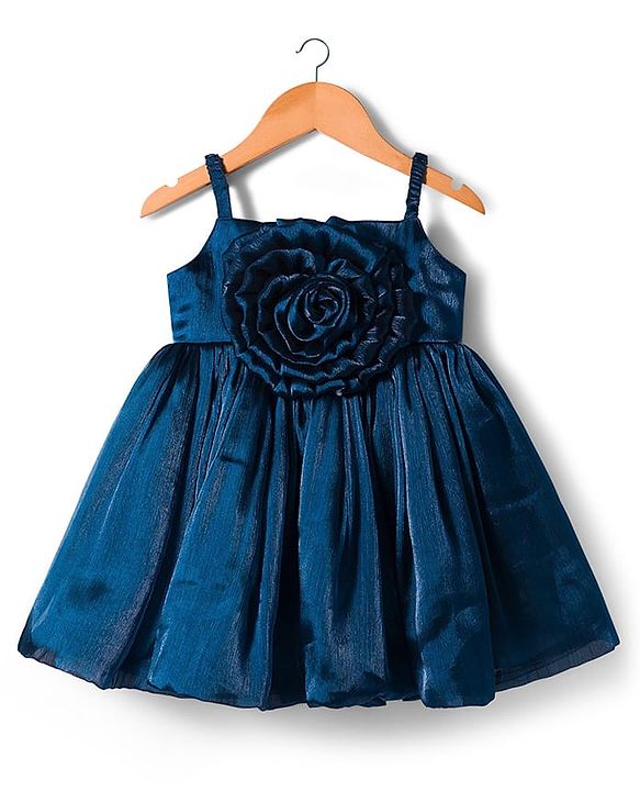 Babyhug Woven Sleeveless Balloon Style Party Dress With Floral Applique - Teal Blue