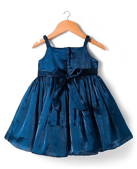 Babyhug Woven Sleeveless Balloon Style Party Dress With Floral Applique - Teal Blue