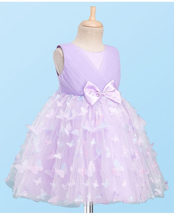 Babyhug Mesh Woven Sleeveless Party Dress With 3D Butterfly & Bow Applique - Lavender