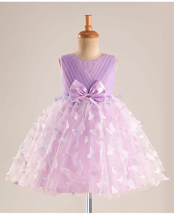 Babyhug Mesh Woven Sleeveless Party Dress With 3D Butterfly & Bow Applique - Lavender