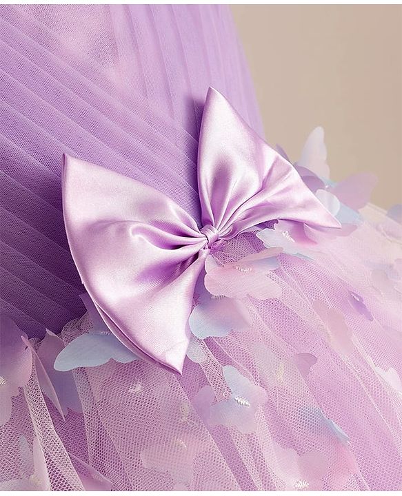 Babyhug Mesh Woven Sleeveless Party Dress With 3D Butterfly & Bow Applique - Lavender