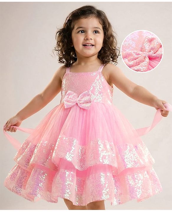 Babyhug Mesh Woven Sleeveless Party Dress With Sequin Detailing & Bow Applique - Dark Pink