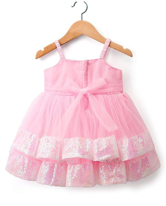 Babyhug Mesh Woven Sleeveless Party Dress With Sequin Detailing & Bow Applique - Dark Pink
