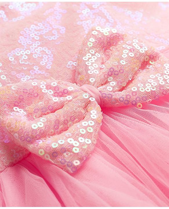 Babyhug Mesh Woven Sleeveless Party Dress With Sequin Detailing & Bow Applique - Dark Pink