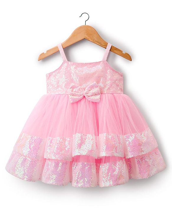 Babyhug Mesh Woven Sleeveless Party Dress With Sequin Detailing & Bow Applique - Dark Pink