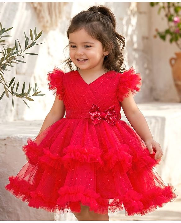 Babyhug Mesh Woven Frill Sleeves Solid Colour Frilled Dress with Bow Applique - Red