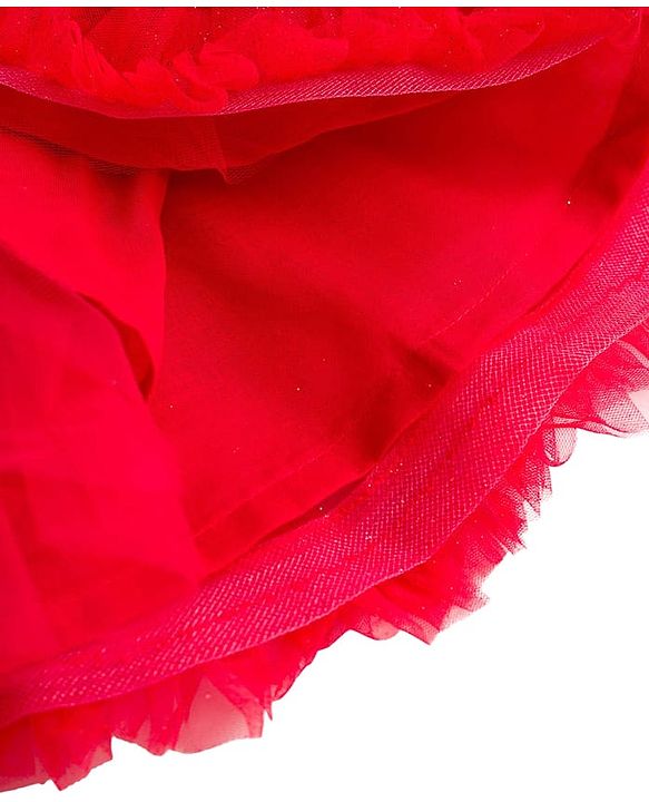 Babyhug Mesh Woven Frill Sleeves Solid Colour Frilled Dress with Bow Applique - Red