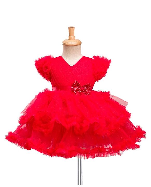Babyhug Mesh Woven Frill Sleeves Solid Colour Frilled Dress with Bow Applique - Red