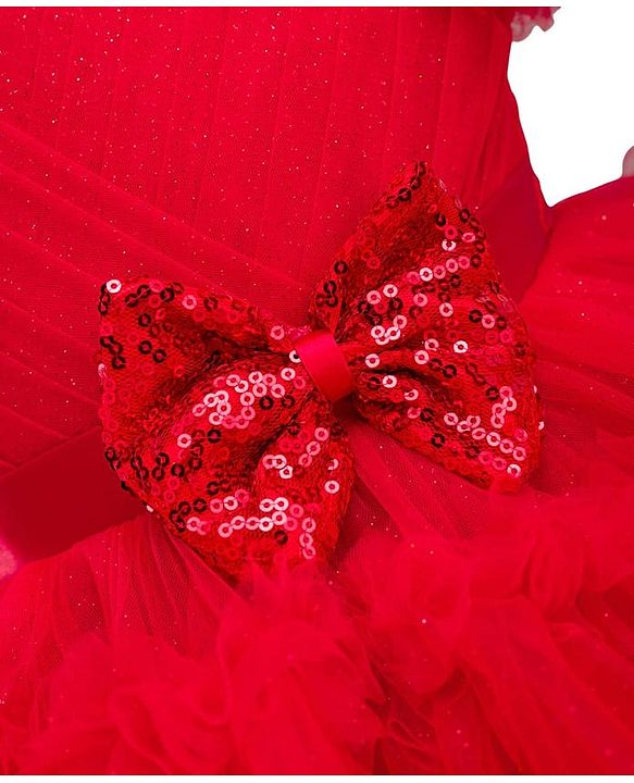 Babyhug Mesh Woven Frill Sleeves Solid Colour Frilled Dress with Bow Applique - Red