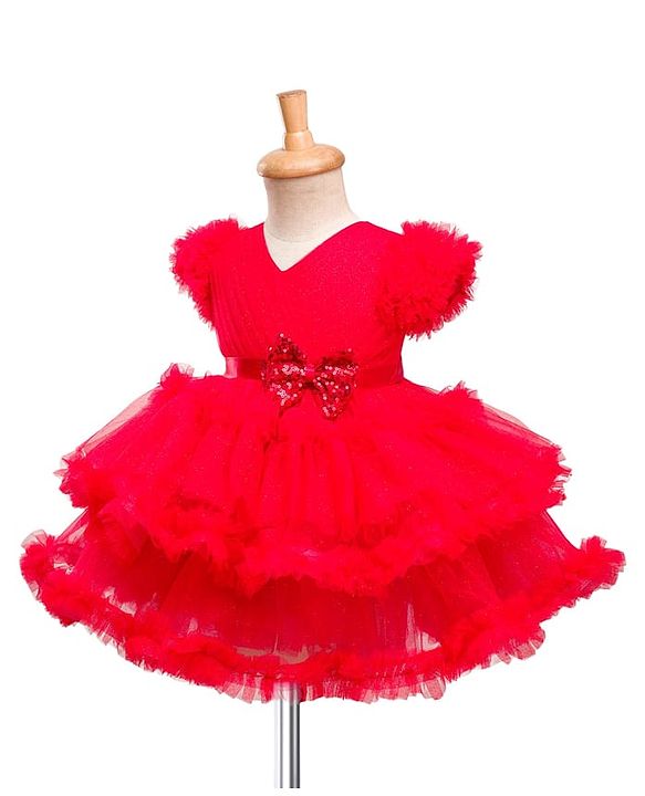 Babyhug Mesh Woven Frill Sleeves Solid Colour Frilled Dress with Bow Applique - Red