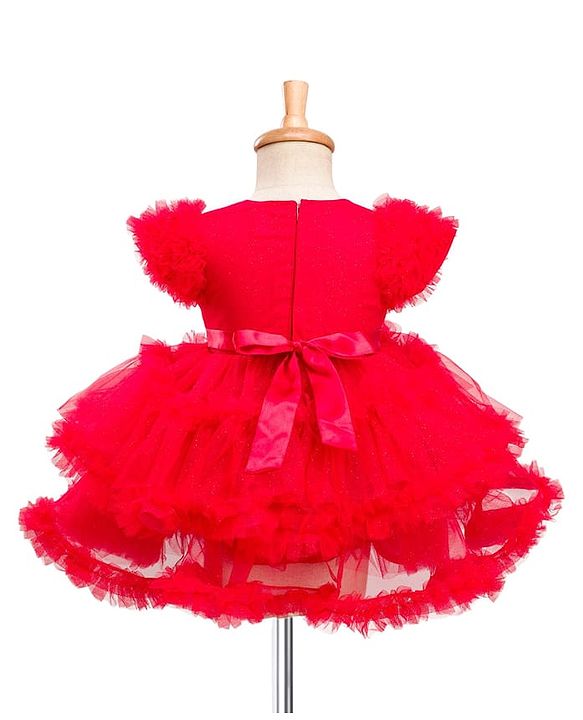 Babyhug Mesh Woven Frill Sleeves Solid Colour Frilled Dress with Bow Applique - Red