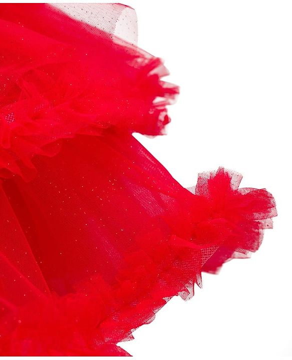 Babyhug Mesh Woven Frill Sleeves Solid Colour Frilled Dress with Bow Applique - Red