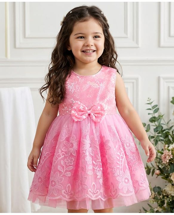 Babyhug 5 Layers Mesh Sleeveless Party Dress With Premium Lace Fabric & Sequins Detailing on Yoke and Bow - Pink