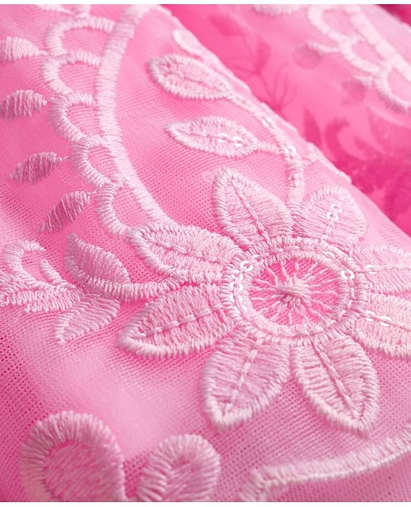 Babyhug 5 Layers Mesh Sleeveless Party Dress With Premium Lace Fabric & Sequins Detailing on Yoke and Bow - Pink