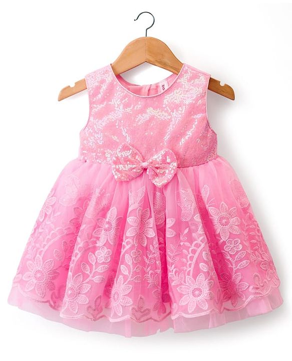 Babyhug 5 Layers Mesh Sleeveless Party Dress With Premium Lace Fabric & Sequins Detailing on Yoke and Bow - Pink