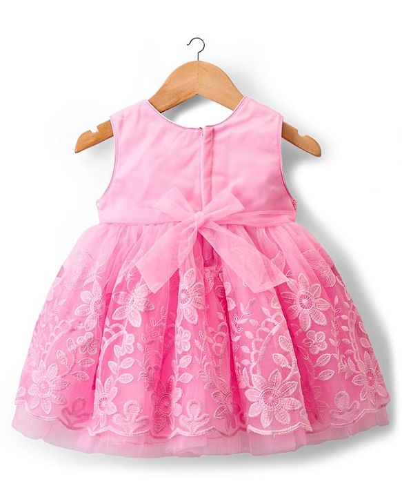 Babyhug 5 Layers Mesh Sleeveless Party Dress With Premium Lace Fabric & Sequins Detailing on Yoke and Bow - Pink