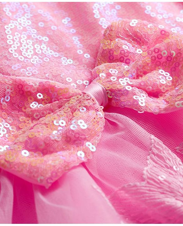 Babyhug 5 Layers Mesh Sleeveless Party Dress With Premium Lace Fabric & Sequins Detailing on Yoke and Bow - Pink