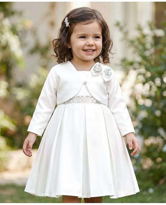 Babyhug 5 Layers With Cotton Lining Premium Heavy Satin Party Dress & Full Sleeves Shrug With Bow Applique  - White