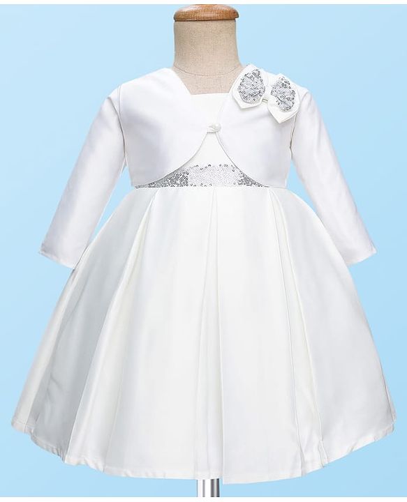 Babyhug 5 Layers With Cotton Lining Premium Heavy Satin Party Dress & Full Sleeves Shrug With Bow Applique  - White