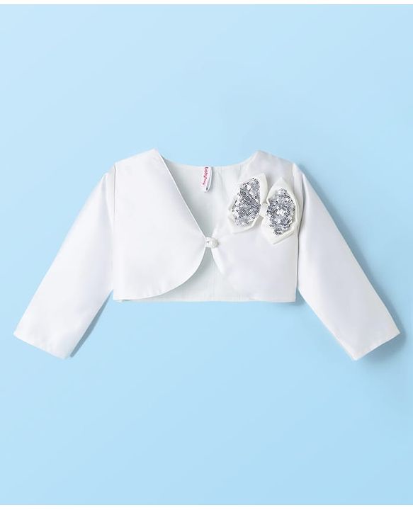 Babyhug 5 Layers With Cotton Lining Premium Heavy Satin Party Dress & Full Sleeves Shrug With Bow Applique  - White