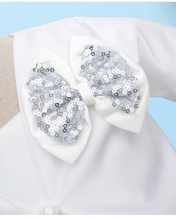 Babyhug 5 Layers With Cotton Lining Premium Heavy Satin Party Dress & Full Sleeves Shrug With Bow Applique  - White