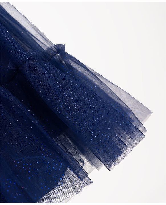Babyhug Mesh Woven Cap Sleeves Party Dress With Sequinned Yoke & Bow Applique - Navy Blue