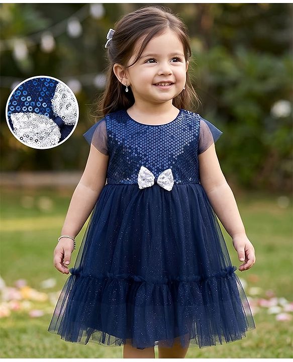 Babyhug Mesh Woven Cap Sleeves Party Dress With Sequinned Yoke & Bow Applique - Navy Blue