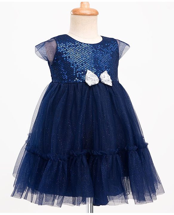 Babyhug Mesh Woven Cap Sleeves Party Dress With Sequinned Yoke & Bow Applique - Navy Blue