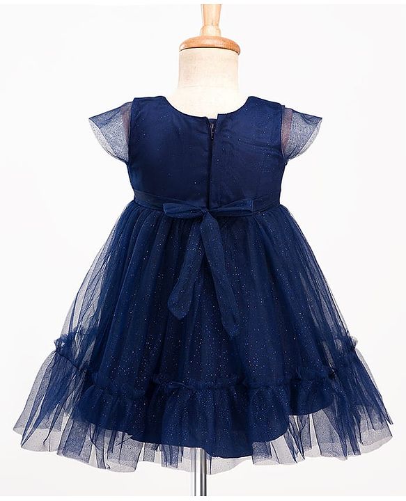 Babyhug Mesh Woven Cap Sleeves Party Dress With Sequinned Yoke & Bow Applique - Navy Blue
