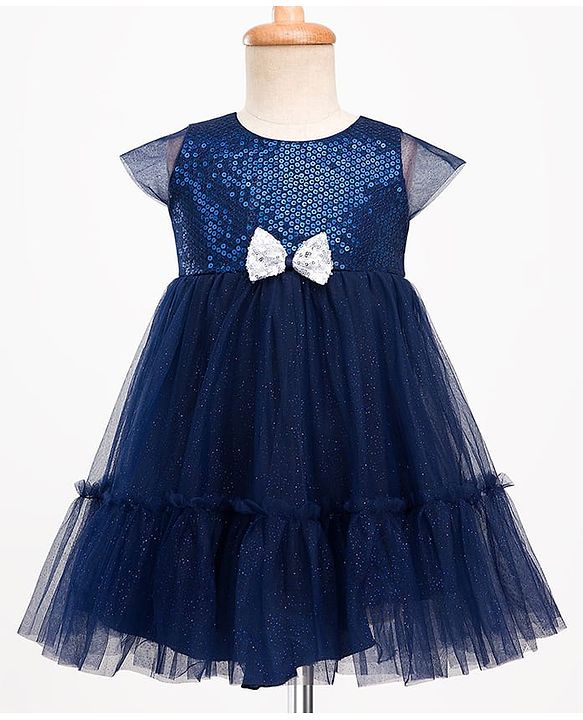 Babyhug Mesh Woven Cap Sleeves Party Dress With Sequinned Yoke & Bow Applique - Navy Blue