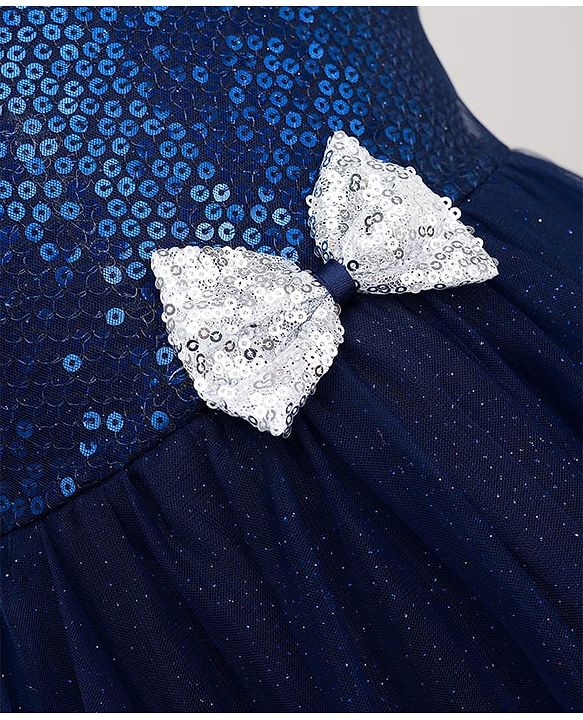 Babyhug Mesh Woven Cap Sleeves Party Dress With Sequinned Yoke & Bow Applique - Navy Blue