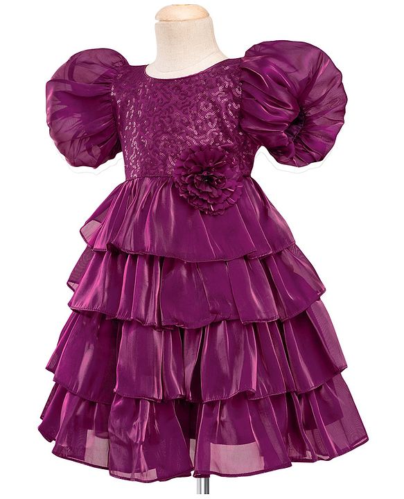 Babyhug Woven Half Puffed  Sleeves Party Dress With Sequin Detailing on Yoke & Floral Applique - Wine