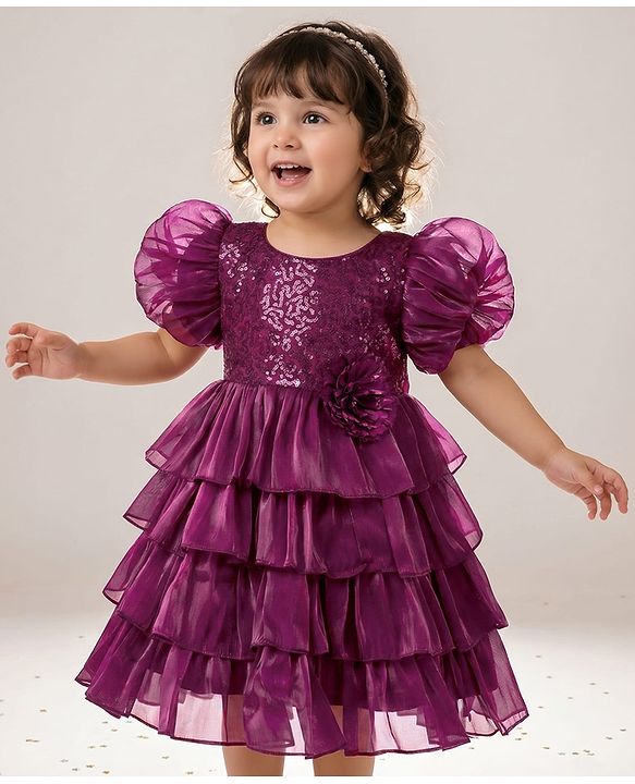 Babyhug Woven Half Puffed  Sleeves Party Dress With Sequin Detailing on Yoke & Floral Applique - Wine