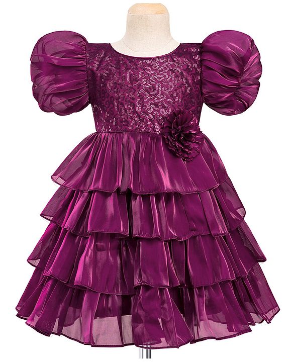 Babyhug Woven Half Puffed  Sleeves Party Dress With Sequin Detailing on Yoke & Floral Applique - Wine