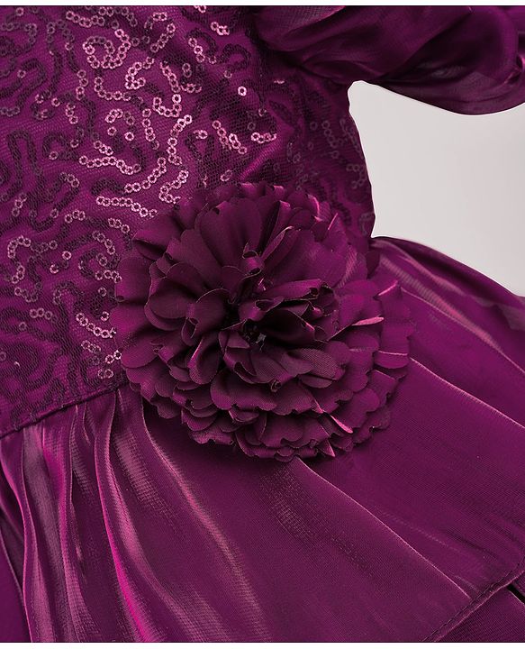 Babyhug Woven Half Puffed  Sleeves Party Dress With Sequin Detailing on Yoke & Floral Applique - Wine